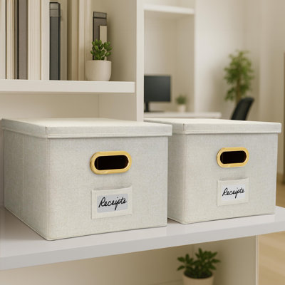 Decorative File Organizer Box Set Of 2 - Collapsible Linen Filing Cabinets W/Handles Are Perfect To Store All Your Documents & Hanging File Folders - Portable Easy Slide Crates With Lid