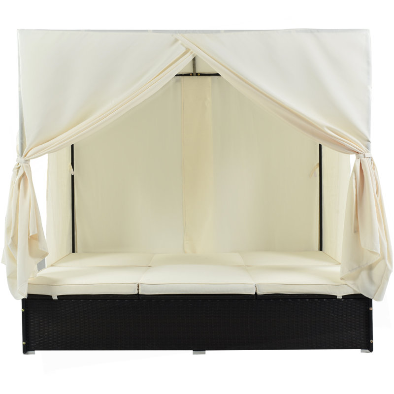 Méridienne d'extérieur double avec rideaux, lit de patio d'extérieur avec dossier réglable, canapé-lit à structure en acier robuste pour la cour, la piscine et la terrasse