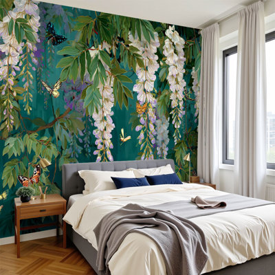 Papiers peints floraux pelez et collez Scène botanique tropicale Papillons muraux de glycines H 100 po x l 144 po Papier mural amovible en PVC auto-adhésif pour chambre à coucher, bureau à domicile
