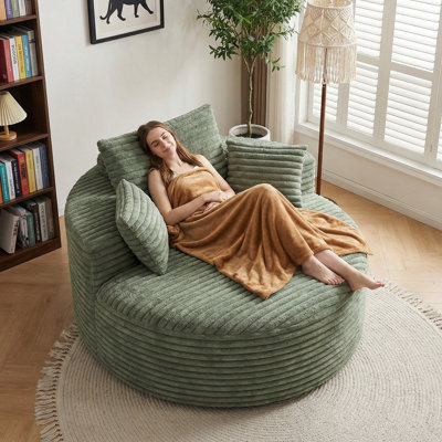  50" Oversized Round Chaise Lounge Chair Indoor, No Assembly Required Upholstered Corduroy Cloud Circle Chair in Green