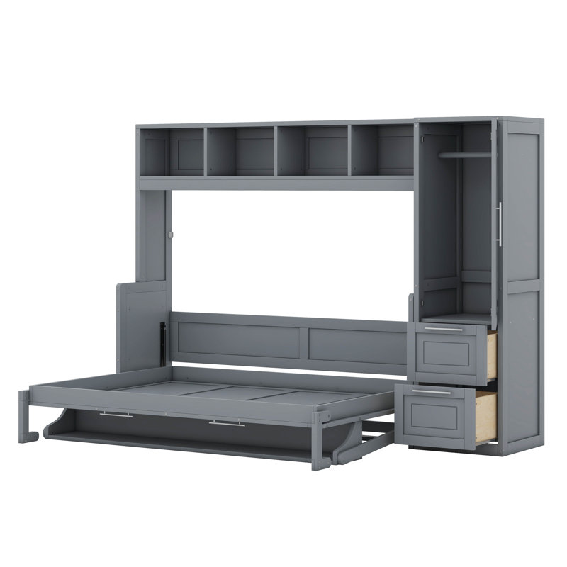 Lit escamotable double Kenelm avec placard et tiroirs, gris