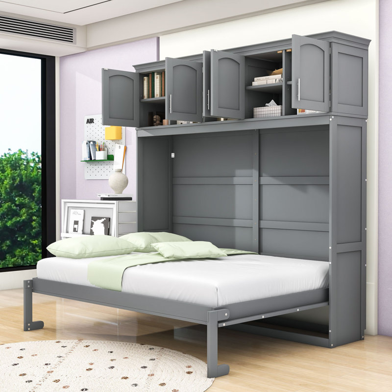 Lit escamotable en bois avec armoires supérieures, conception pliable peu encombrante, Gris, Grand lit