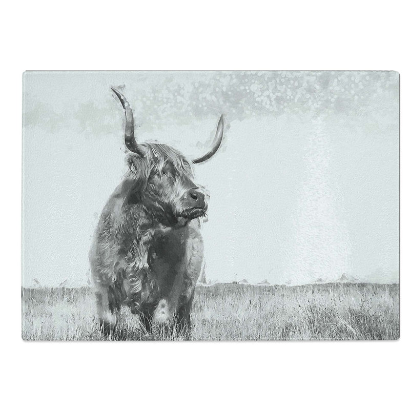 Glass Highland Cow in Abstract Chopping Board, 39 cm W x 28.5 cm L