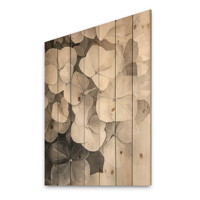 Hortensia rétro en monochrome I - décoration murale en bois d'hortensia - sur bois de pin naturel
