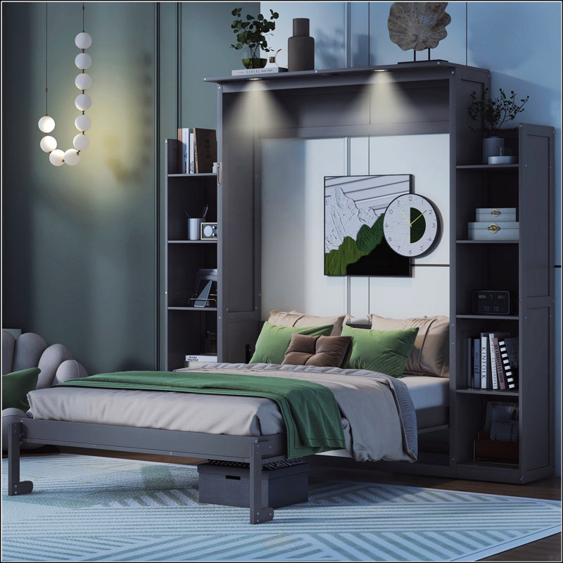 Lit escamotable double avec tablettes et lumières DEL, Gris