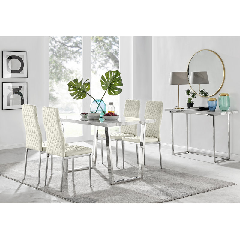 Edzard Marble Effect & Chrome Metal Rectangular Dining Table Set - 4 Luxury Velvet Dining Chairs, Cream/Silver