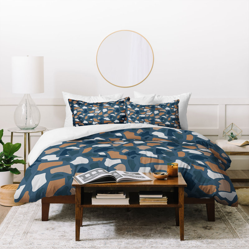Couette simple bleu foncé Terrazzo Avenie, Housse simple et 1 taie décorative