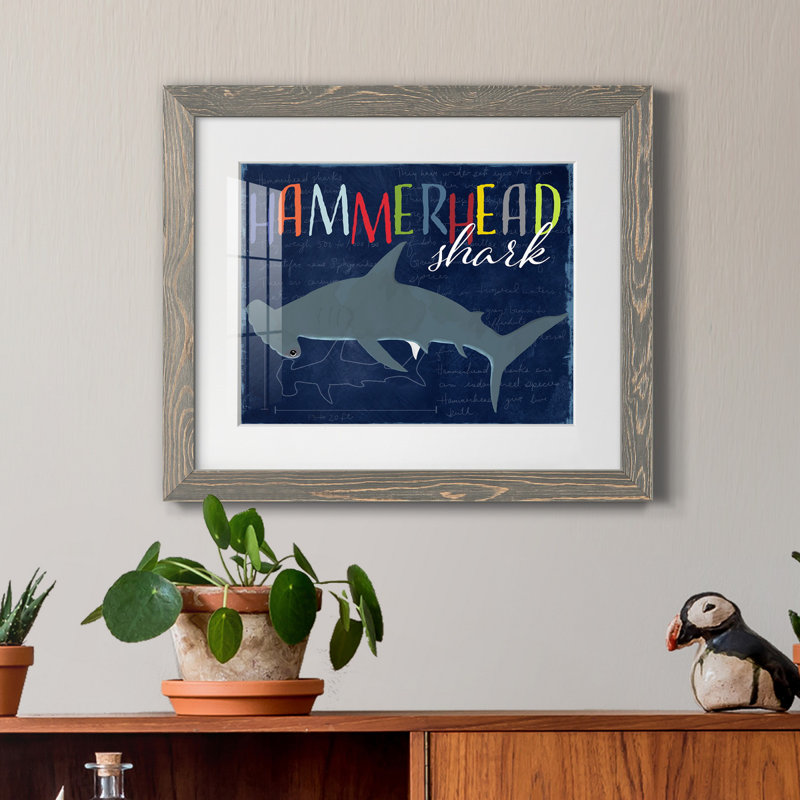 " Hammerhead Shark ", 20" H x 17" W x 1.5" D, Gray Framed Paper