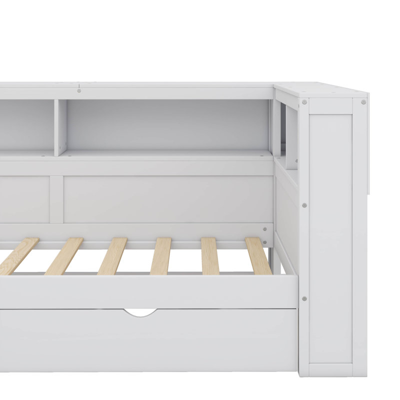 Twin-Sized L-Shaped Platform Bed With Trundle And A Single Drawer, White