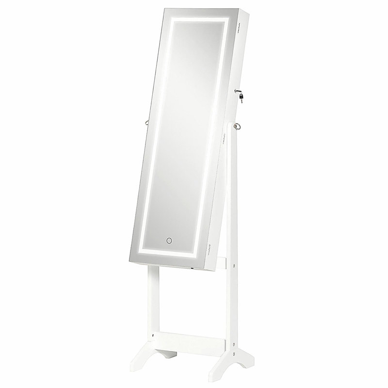 Armoire à bijoux sur pied avec lumière DEL, organisateur de bijoux verrouillable avec miroir pleine longueur, 4 angles réglables, blanc