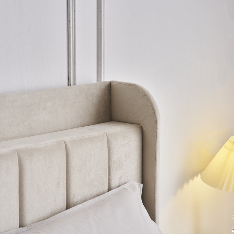 Queen Off-White Velvet Upholstered Platform Bed with Tufted Headboard