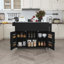 Îlot de cuisine 74,8 po avec table de salle à manger extensible, plateau en placage de marbre et prise de courant intégrée - Chariot de rangement mobile avec 3 tiroirs et armoire, chariot de cuisine roulant pour la salle à manger, noir