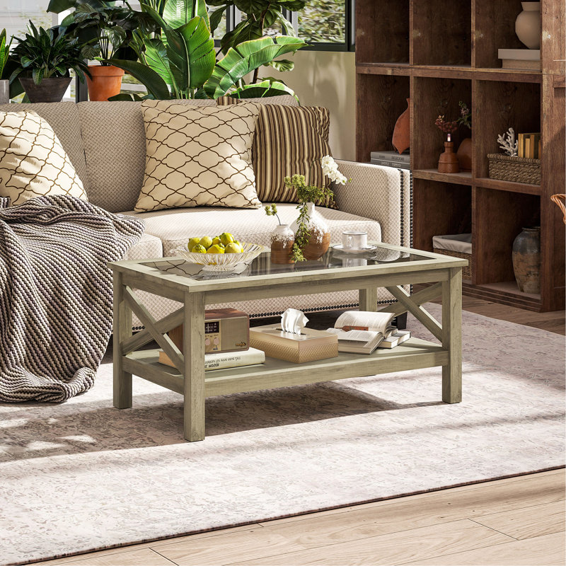 Table basse en verre, table de centre de ferme moderne avec rangement, table d'appoint pour le salon avec côtés de style X-Bar classique