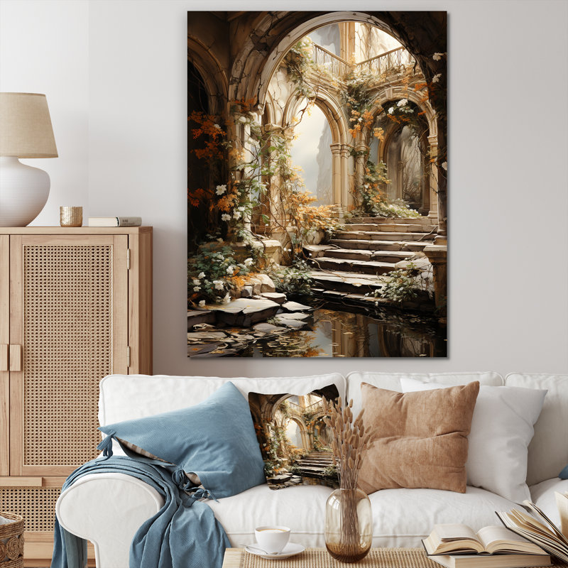Ruines anciennes Blooms III - Art mural fantastique, Toile tendue, 60" H x 40" W