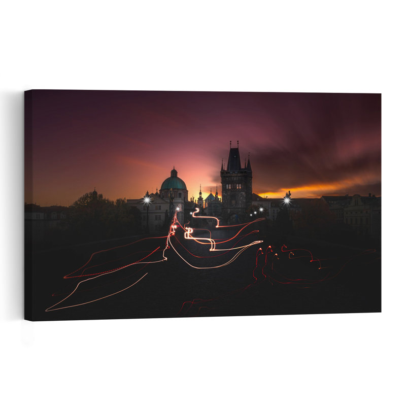 Prague Evening Trails Colorful Dramatic Abstract Architecture City Wall Art Print 1 Piece Wrapped Canvas Wall Art