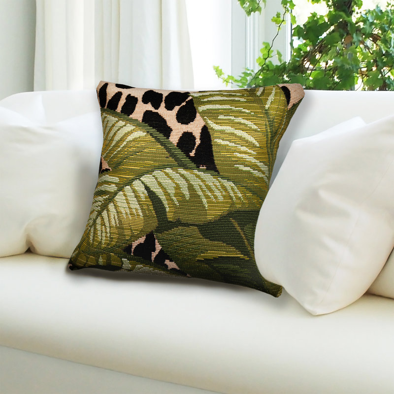 Green and Beige Tropical Leaf Print Indoor/Outdoor Pillow