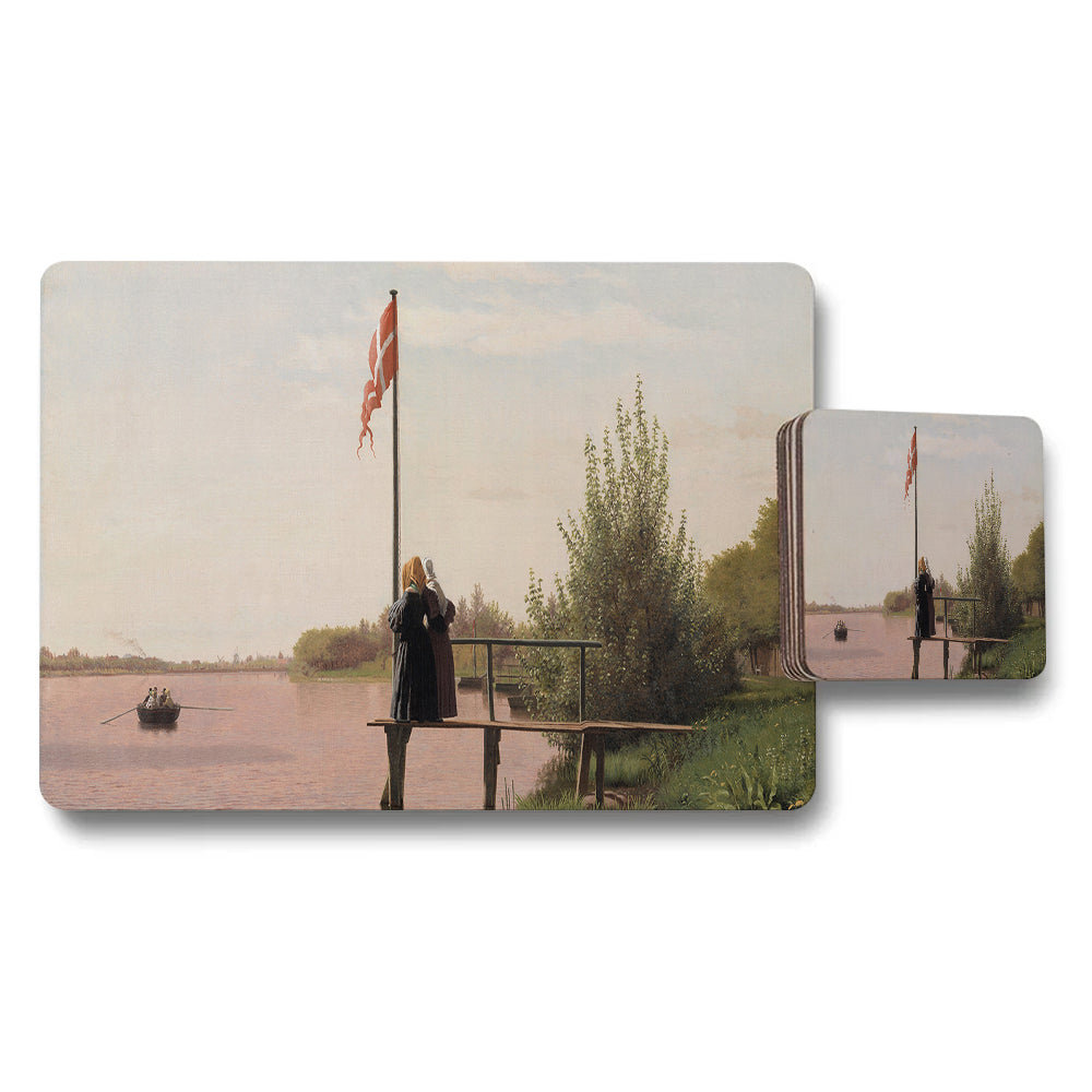 Placemat and Coaster Set with Lakeside Scene Artwork