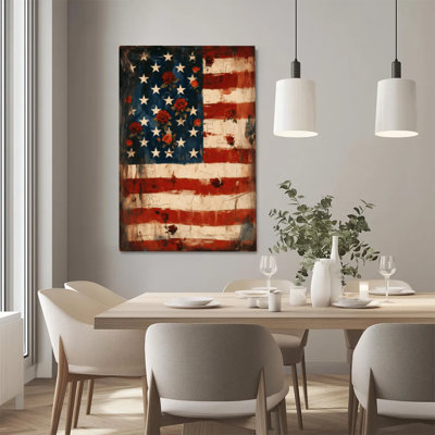 Vintage American Flag with Roses & Weathered Texture Canvas Wall Art - Gallery Wrap Canvas with Solid Wood Inner Frame, Ready to Hang