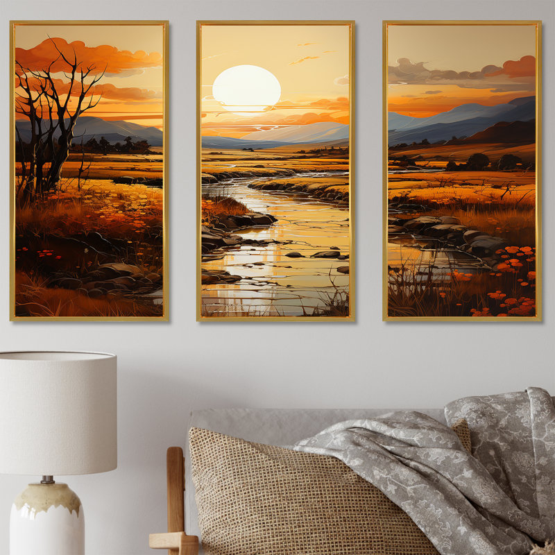 Golden Hour In Country Fiels - Ensemble de décoration murale campagne, Cadre flottant doré, H 40 po x l 60 po x P 1 po