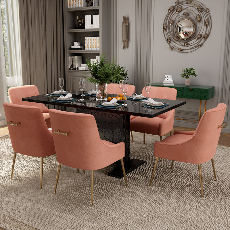 Magallanes 6-Person Extendable Table Dining Set with Velvet Dining Chair, Black, Light Blue