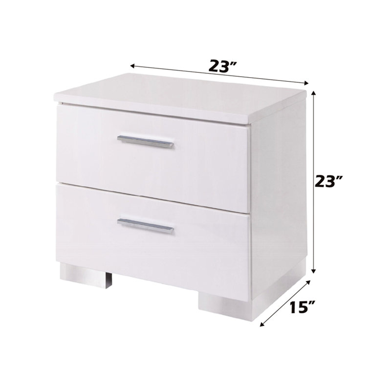 Table de chevet 2 tiroirs avec pieds, finition brillante blanche pour la chambre à coucher, finition brillante et pieds