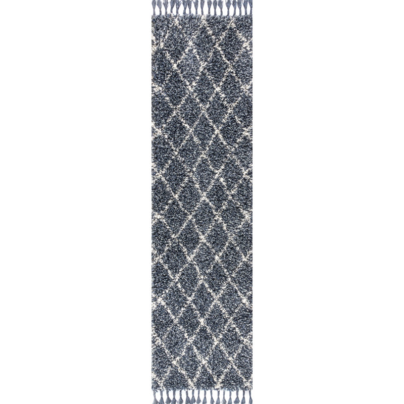 Cantera Shag Plush Tassel Moroccan Geometric Trellis Denim Blue/Cream Rug, Runner 2'3" x 8'