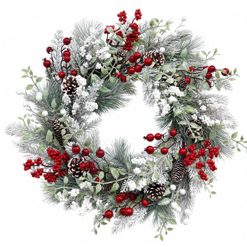 Couronne de Noël illuminée de 61 cm (24 po) avec des pommes de pin, 20 lumières DEL, 8 modes d'éclairage, feuillage en PVC, décoration intérieure et extérieure
