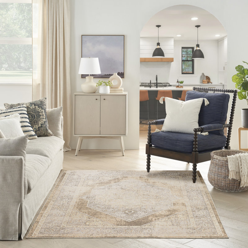 Haydel Oriental Machine Washable Power Loom Polyester Area Rug in Beige, Rectangle 5'3" x 7'