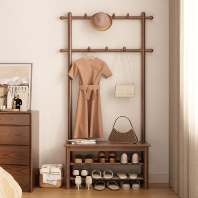 Solid Wood Hall Tree with Bench and Shoe Storage, Entryway Organizer with 11 Hooks and Two-Tier Shoe Rack for Mudroom or Hallway by Lark Manor