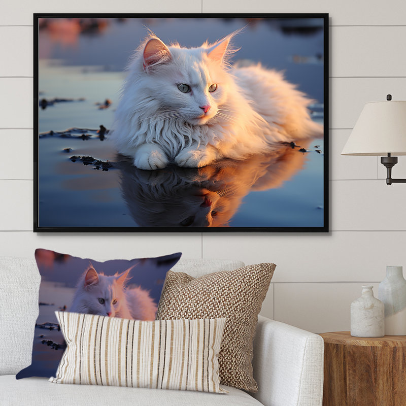 Chat tranquillité sur la plage - décoration murale chat, H 30 po x l 40 po x P 1,5 po, Cadre flottant noir