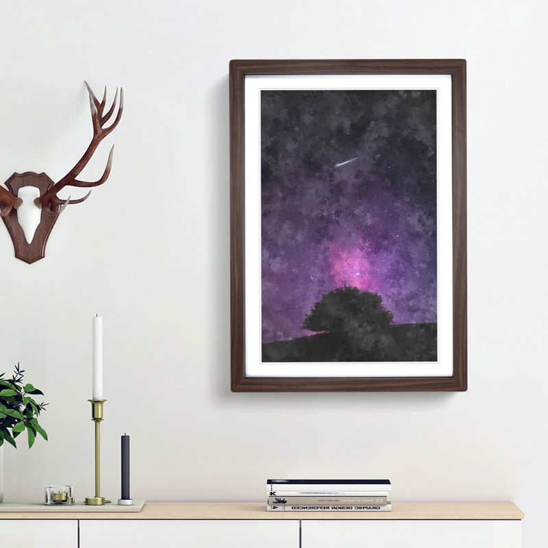 Shooting Star Above The Tree Painting - Framed Print, 45cm H x 33cm W x 2cm D, Walnut Framed