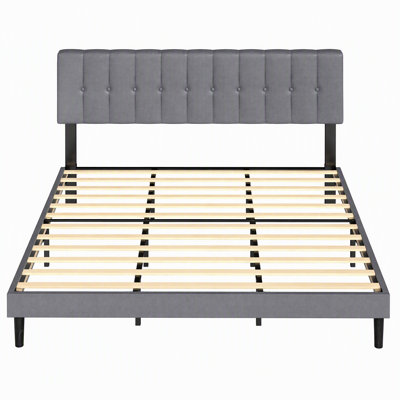 King Size Bed Frame with Upholstered Headboard, Sturdy Metal Frame