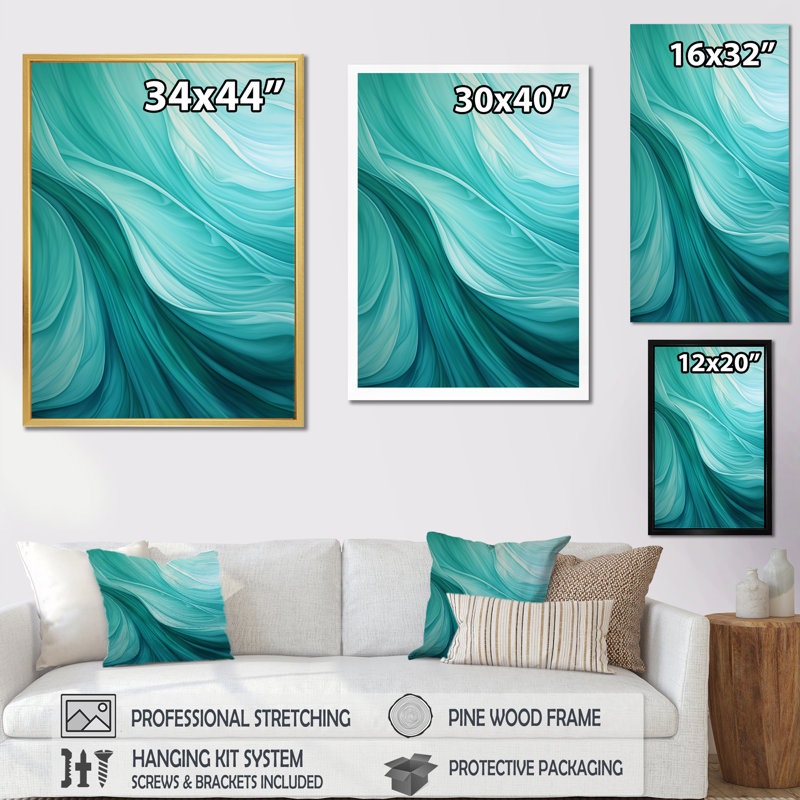 Turquoise, gauchissement des vagues - reproduction d'art sur toile abstraite, Encadrement doré, H 40 po x l 30 po