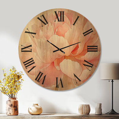 Oversized Floral Round Wood Wall Clock – Soft Peony Bloom
