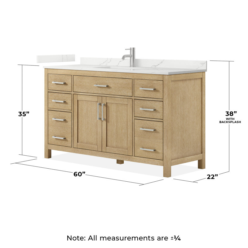 Beckett 60" Freestanding Single Bathroom Vanity with Quartz Top, Whitewashed Oak, Brushed Nickel, Giotto Quartz