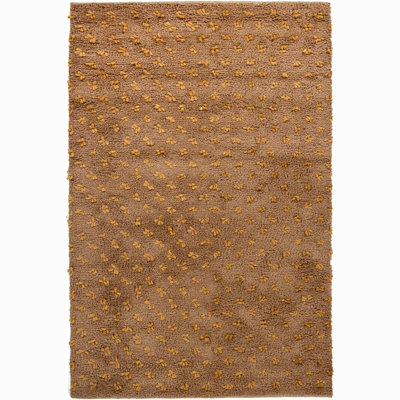 Tapis Funston authentique tissé à la main, moderne, dense, brun et beige, en laine à poils longs et nœuds dorés.