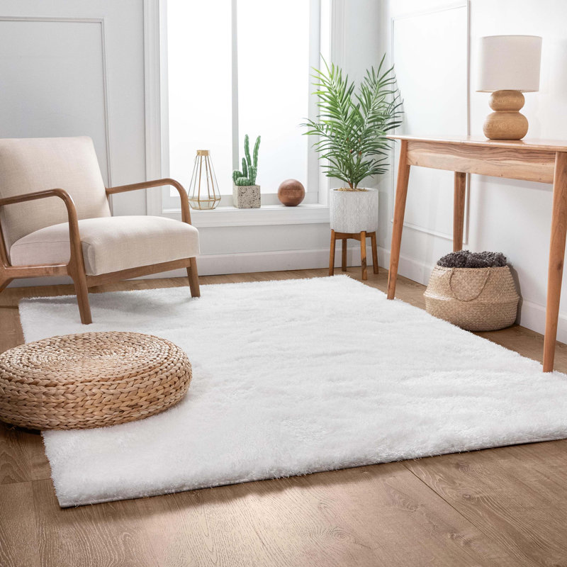 Feather Soft Modern Solid Shag White Area Rug, Rectangle 5'3" x 7'3"