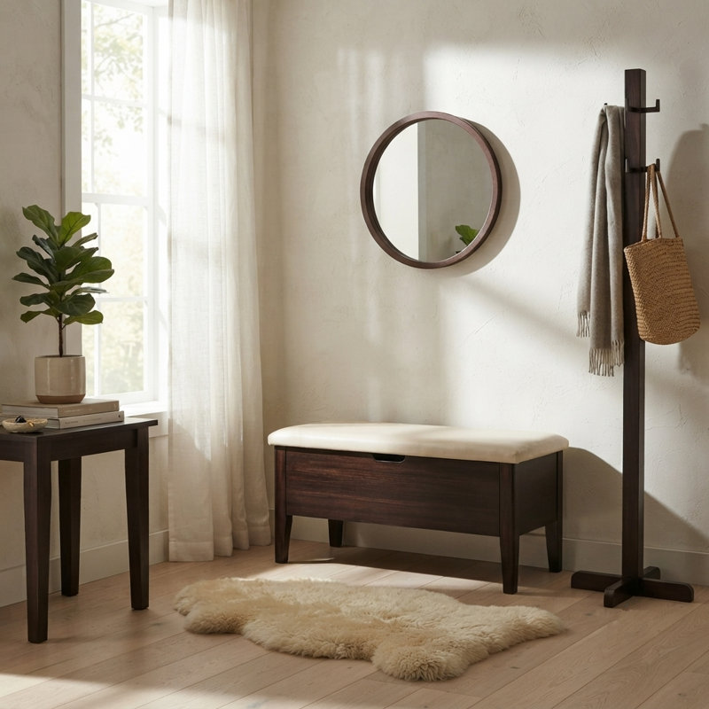 Banc Oslo en chêne blanc américain 35 po – Espresso, cuir beige