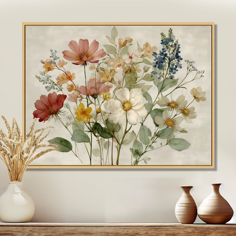 Bouquet de fleurs de campagne rétro - décoration murale, fleurs vertes encadrées, H 24 po x l 32 po, Cadre flottant, Natural