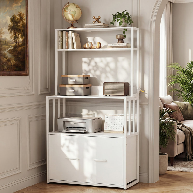 Vertical Filing Cabinet with Bookshelf for A4 & Letter, White