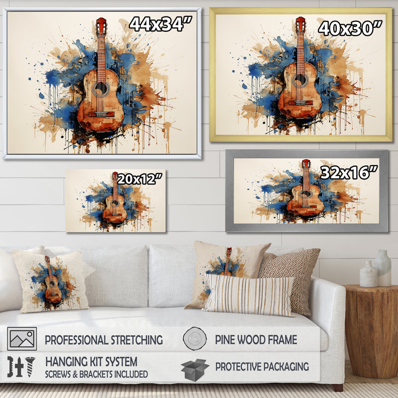 Earthy Brown, guitare mélodique - musique sur toile, Cadre flottant doré, H 16 po x l 32 po x P 1 po