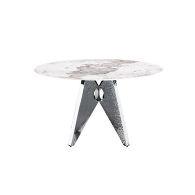 Table de salle à manger ronde blanche de 53 po, plateau de table en pierre frittée et acier inoxydable argenté, 6 places, bureau de table et table d'appoint