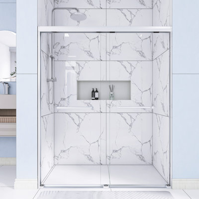 56 In. -60 In. W × 72 In. H Double Sliding Shower Door With 1/4" Tempered Glass In Brushed Nickel|  Aluminum Frame  Explosion Proof Film |   Stainless Steel Handle