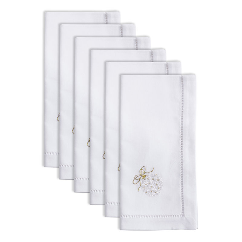 White Cotton Embroidered Christmas Ornament Napkins, Set of 6