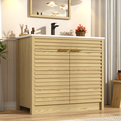 Meuble-lavabo de salle de bain avec lavabo, robinet, tablettes de porte et tablettes latérales ouvertes