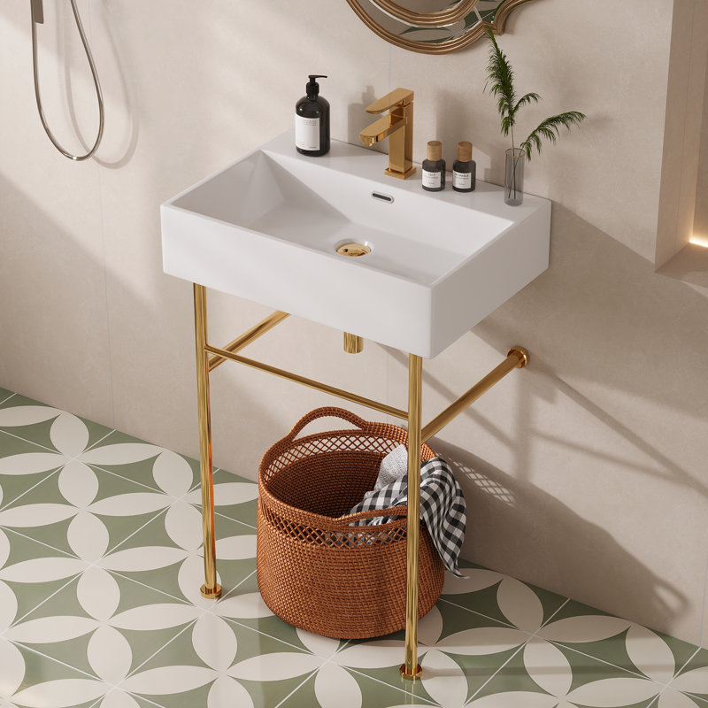 Ceramic White Rectangular Single Faucet Hole 24 in Console Bathroom Sink with Overflow, White/Gold