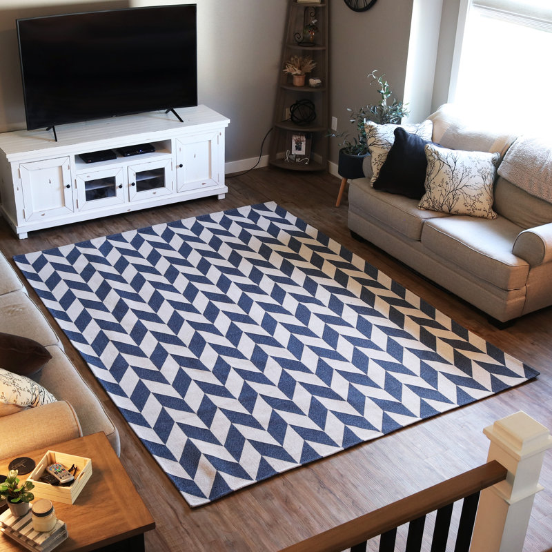 Rectangle Amberjo Geometric Flatweave Cotton Blue/White Area Rug - 8' x 11', 11' x 8'