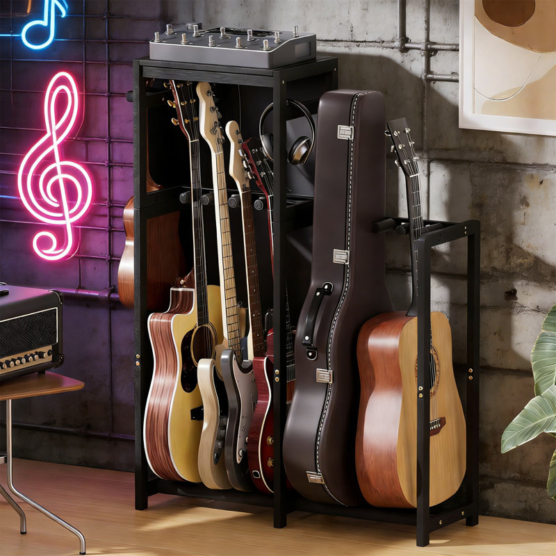 Black Adjustable Bamboo Guitar Stand For Multiple Guitars, Floor Rack For Music Studio