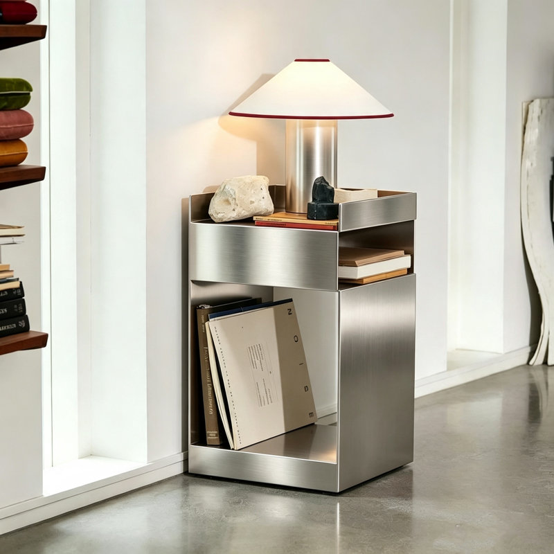 Modern Bauhaus Stainless Steel End Table, Open Storage Shelf Top End Table for Living Room Bedroom Entryway