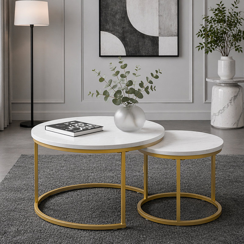 Ensemble de 2 tables basses gigognes 27,6 po, plateau de table rond en marbre et structure en métal robuste, tables d'appoint de table de bout pour le salon, la chambre et le balcon